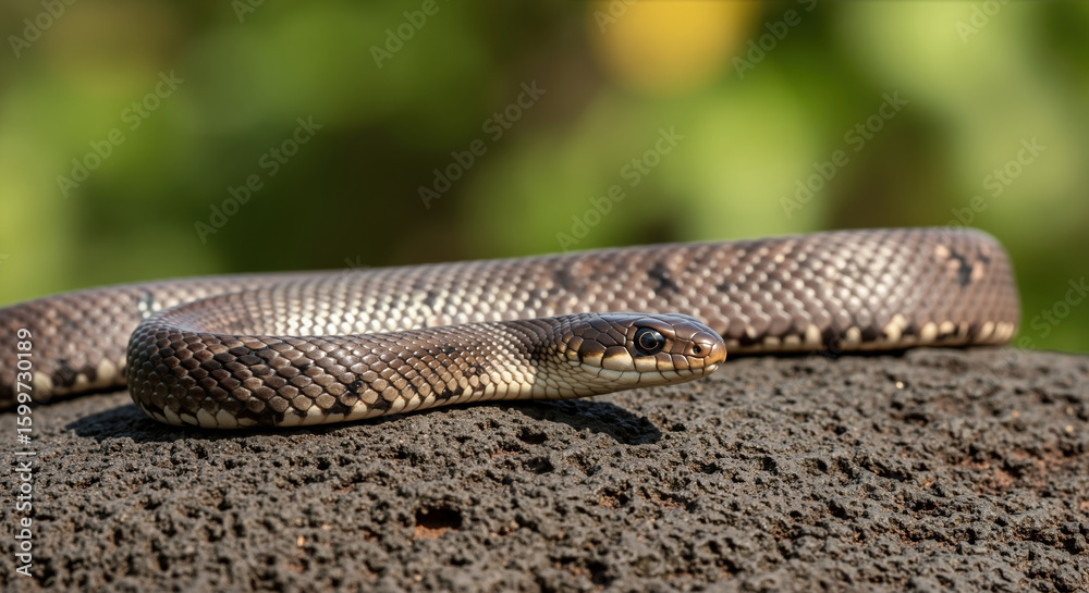 Obraz premium Brown snake with diamond pattern scales resting on volcanic rock surface. Reptile camouflaged in natural desert environment for wildlife education and nature documentation