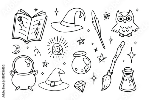 Enchanting Elements: A captivating collection of hand-drawn illustrations, depicting mystical symbols for use in design and creative projects.