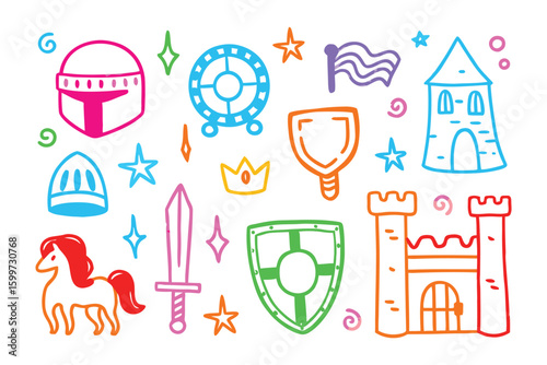 Colorful castle elements: A whimsical assortment of illustrated medieval and fantasy elements, including castles, shields, crowns, swords, and helmets.  Perfect for fairy tales, adventure games.