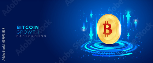 Bitcoin coin with arrows up and down, symbolizing market volatility, placed on dark blue futuristic background
