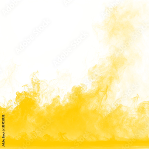 Ethereal yellow smoke swirls elegantly upwards, forming a dense, vaporous cloud. The golden fumes create a beautiful abstract mist against a clean white back.