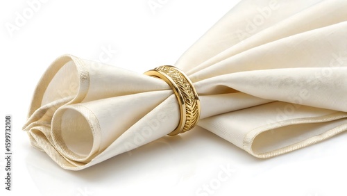 Elegant ivory napkin with a decorative gold ring for upscale dining experience