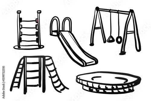 Playground Doodle: A charming black and white doodle showcases iconic playground elements like slides and swings, inviting a sense of childhood wonder and playful imagination.