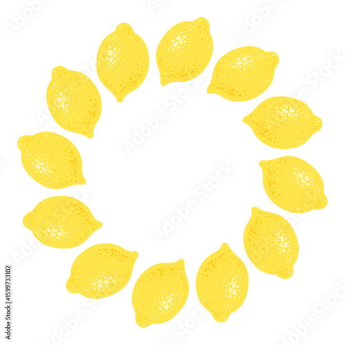 Cute whole lemon circle frame. Summer wreath with fresh ripe yellow citrus fruit. Hand drawn round border. Vector illustration.