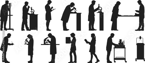 Detailed silhouettes of male and female scientists and laboratory professionals actively engaged in scientific research, experimentation, and data recording, using .