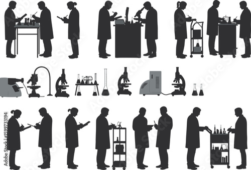 Professional scientists and laboratory technicians silhouettes conducting various scientific experiments, research, and analysis using microscopes, beakers, and lab equipment in a modern scientific .