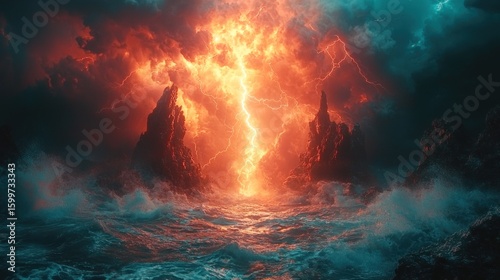 Wallpaper Mural Apocalyptic Seascape: Fiery Lightning Storm Over Rocky Coast Torontodigital.ca