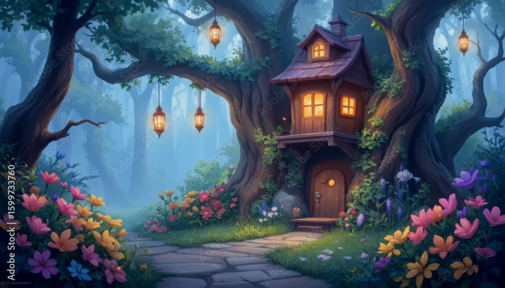 Fototapeta premium A whimsical digital painting depicts a charming cottage nestled within a giant tree's trunk in a mystical forest, illuminated by hanging lanterns. Flowers bloom along a stone path leading to its door