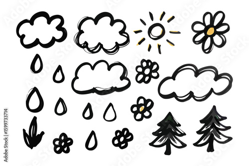 Whimsical Weather Doodle: A playful doodle set featuring charming illustrations of clouds, raindrops, flowers, sunshine and trees, perfect for adding a touch of fun to any project.