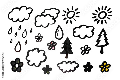 Weather and Nature Doodle: A whimsical collection of hand-drawn weather elements and natural motifs, capturing the essence of a sunny day with playful simplicity.