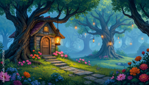 A charming stone cottage nestled in a mystical forest, adorned with hanging lanterns and vibrant flowers. A stone path leads to its inviting wooden door.