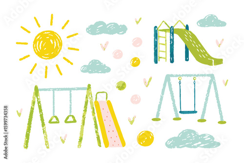 Playground Fun in Paradise: A delightful illustration depicts a sun-drenched paradise, complete with swings, slides, and fluffy clouds, perfect for endless fun and joyful moments.