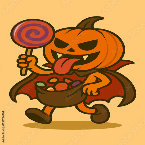 Pumpkin vampire floating with a candy-stuffed cape, licking a giant jelly pop and grinning with creepy-cute flair in a funky cartoon vector style.