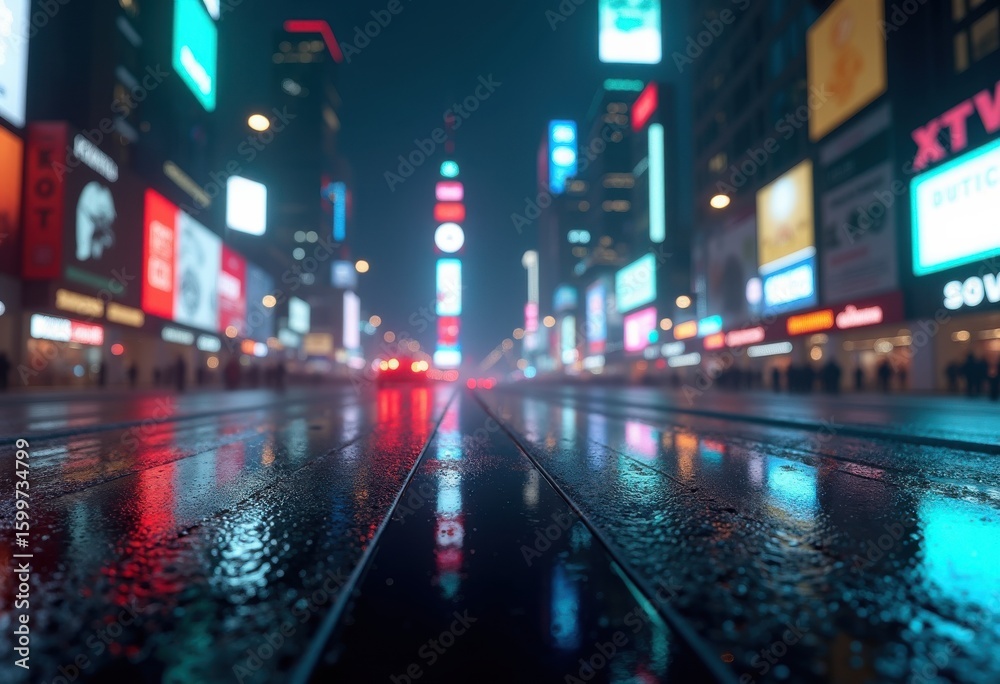 Fototapeta premium sleek chrome surface gleaming vibrant city lights reflections modern urban night scene metropolis shimmering brightness, architecture, shine, neon, street