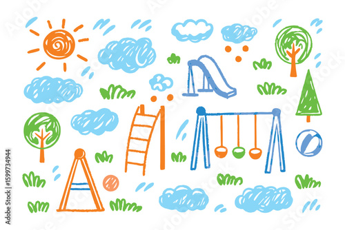 Playground Drawing: A delightful crayon-style illustration showcasing elements such as sun, clouds, slides, swings, and trees, creating a charming depiction of a playground environment.