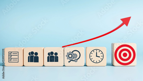 Business Growth Strategy Concept with Icons on Wooden Blocks and Rising Red Arrow