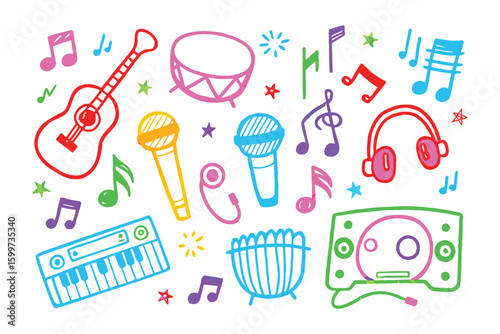 Melodic Doodle: A whimsical ensemble of musical instruments and notes, hand-drawn with colorful lines, expressing the vibrant essence of music.