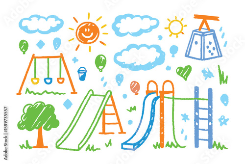 Playground Paradise: A whimsical illustrated of a playground scene, a child's dream world with colorful elements invites the imagination