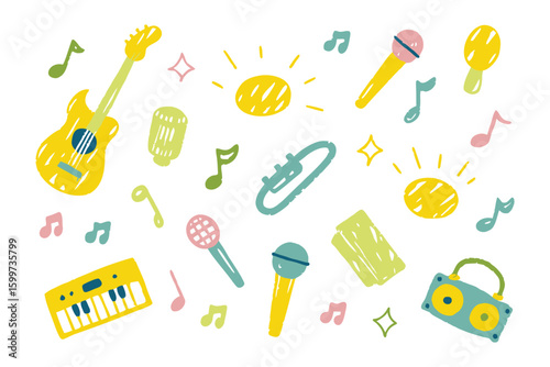 Musical Joy: Whimsical illustrations of musical instruments and elements like guitar, microphone, keyboard, sun and musical notes dance in a vibrant array. A colorful ode to melody and rhythm.