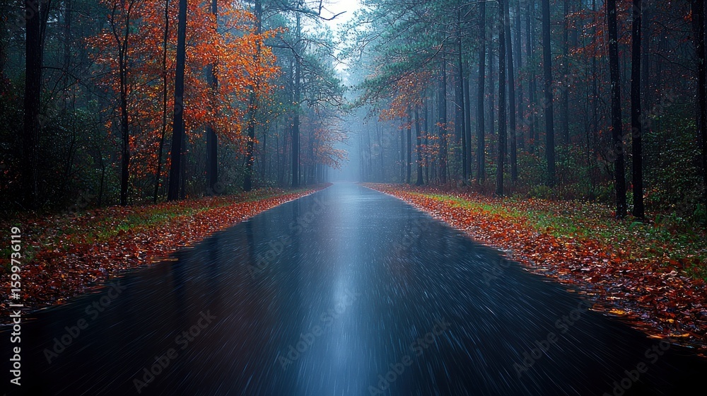 Obraz premium Autumnal Road in Misty Forest: A Serene Rainy Day