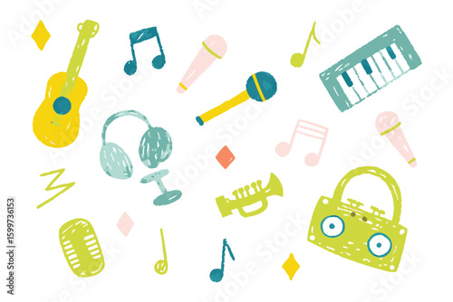 Musical Melodies: An illustrative symphony of musical instruments including guitar, piano, microphone, trumpet, and headphones, arranged in a vibrant and playful composition.