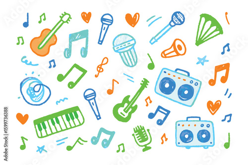 Music Notes and Instruments Illustration: A vibrant and whimsical illustration, featuring an array of musical instruments such as guitars, microphones, and accordions.