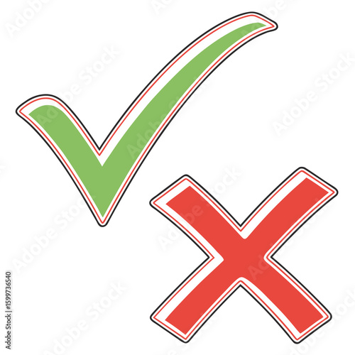 Green check mark and red cross symbols with black and red outlines on white background vector