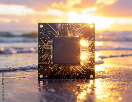Microchip basking on a sunset beach