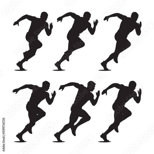 Six black silhouettes of male athletes running runner sport