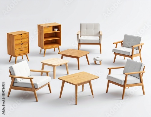 Midcentury modern furniture set on white