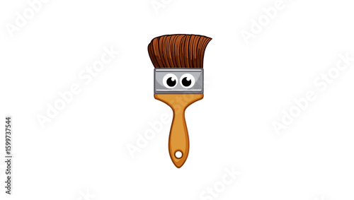 Cartoon paint brush with brown bristles and a handle with eyes and a hole in the end