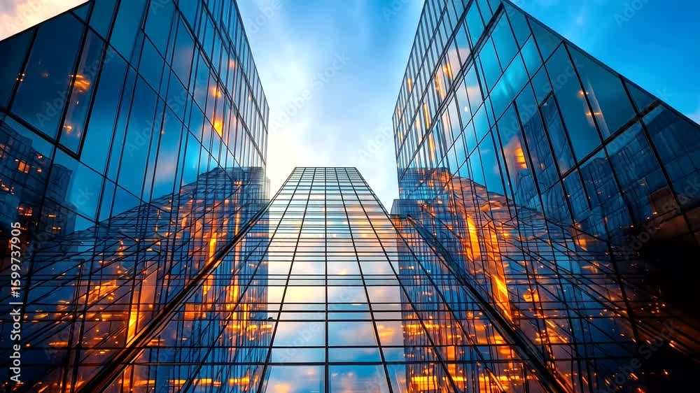 Stunning mirrored view of modern skyscrapers against a vibrant blue sky backdrop