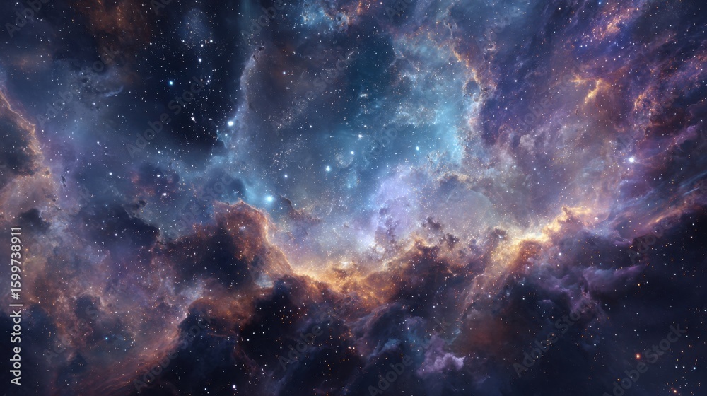 Obraz premium This stunning cosmic nebula showcases a blend of vibrant colors and swirling gases against the backdrop of deep space. Stars twinkle in the distance, illuminating the celestial landscape.