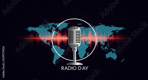 Global radio celebration with vintage microphone and world map