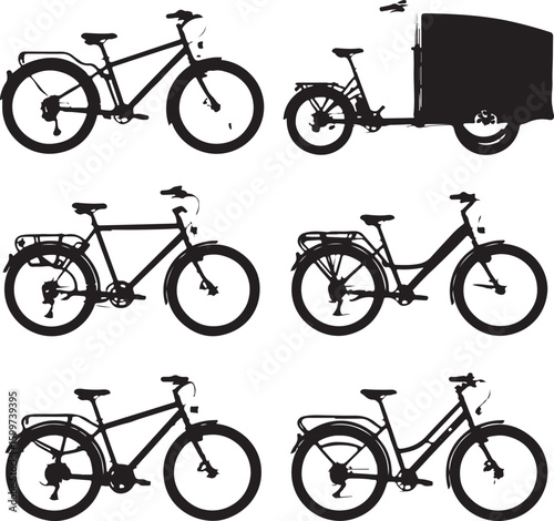 Various bicycles and cargo bike silhouettes black and white