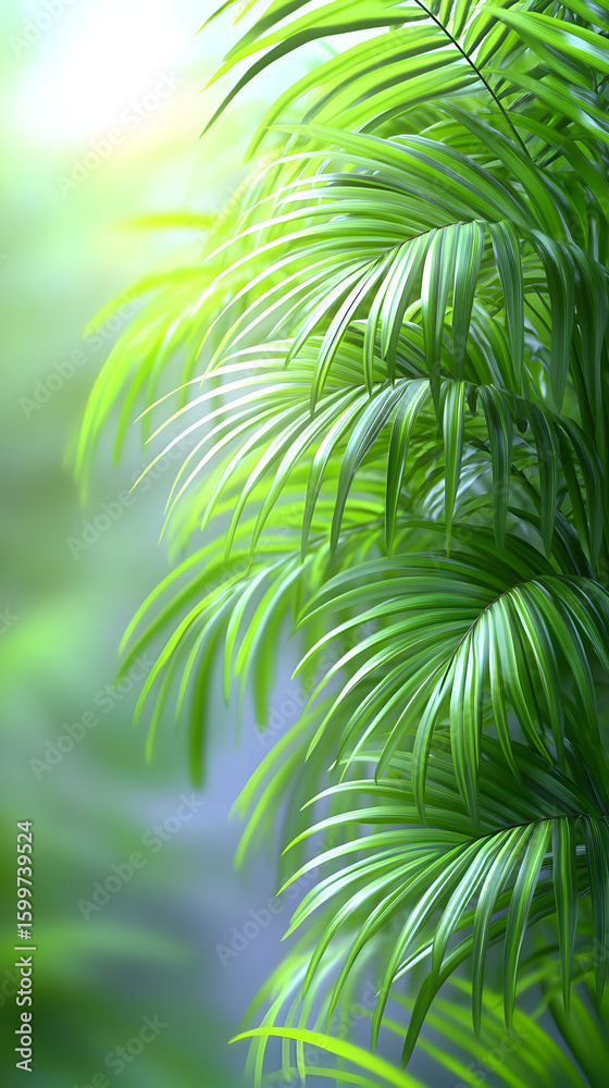 Fototapeta premium Close-up of vibrant green palm fronds in soft sunlight.