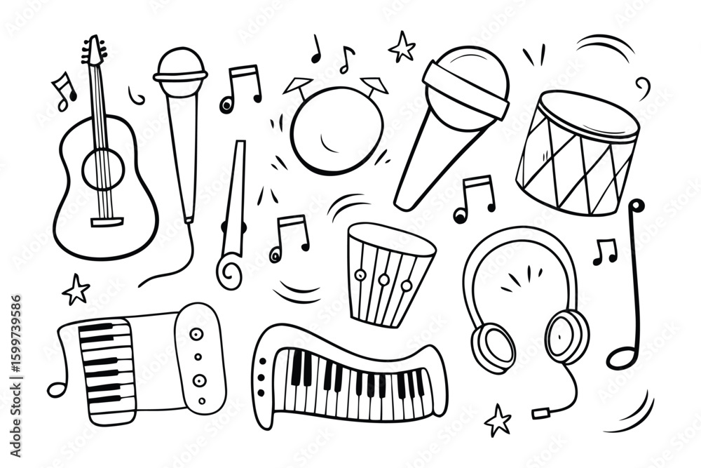 Obraz premium Musical Doodle Symphony: An artistic illustration of a diverse collection of musical instruments, perfectly crafted to captivate music lovers