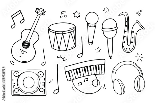 Musical Instruments in Sketchy Style: A hand-drawn assortment of musical instruments, each carefully sketched with bold lines, creating a fun artistic illustration.
