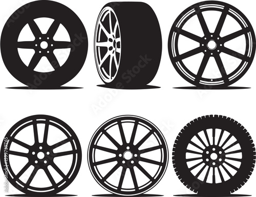 Various black car wheels and tires rims automotive