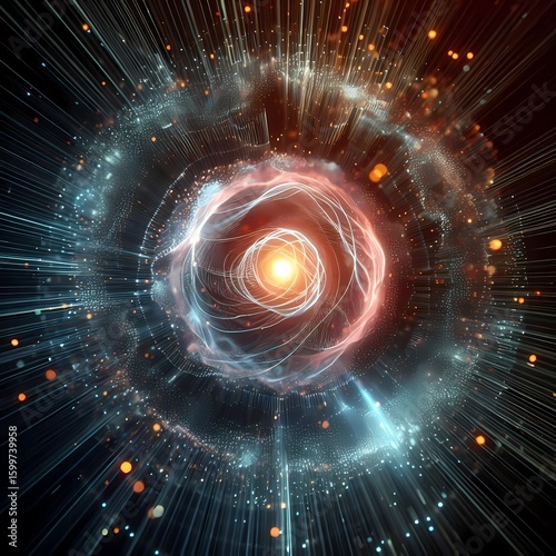 spherical formation of digital mist with a glowing center, surrounded by dispersed data particles