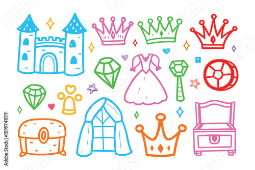 Royal Collection: A charming collection of vibrant hand-drawn illustrations depicting regal crowns, sparkling gems, a majestic castle, and elegant princess attire