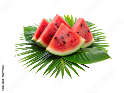 sliced fresh watermelon on palm leaf png image on transparent background