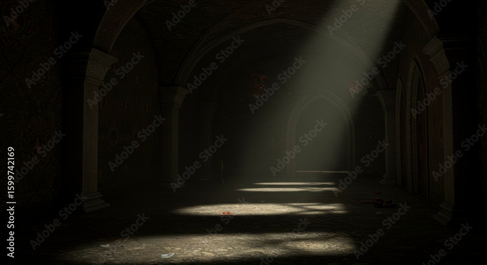 Obraz premium Dark, arched hallway with sunbeam. Mysterious, ancient feel