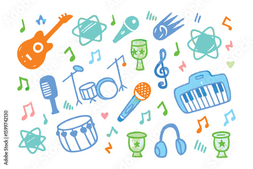 Musical Doodle: A collection of colorful doodle elements associated with music, including instruments and sound symbols, creating a playful and vibrant composition.