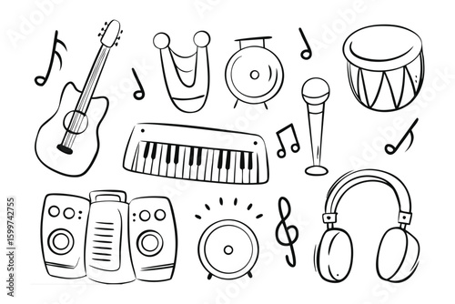 Melodic Symphony: A collection of musical instruments, meticulously sketched in a monochromatic style. A harmonic interplay of sound and artistry.