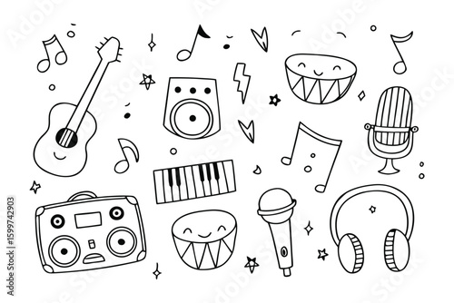 Musical Doodle: A charming illustration filled with various musical instruments and symbols, embodying the joy of music and artistic expression.