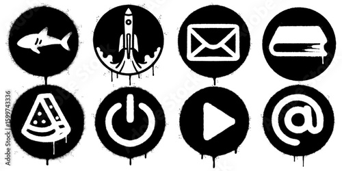 Graffiti Style Black and White Icon Set with Dripping Spray Paint Effect. icons include a shark, rocket, envelope, book, pizza slice, power button, play symbol, and at sign.