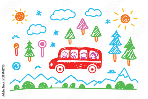 School Trip Fun: Playful illustration of children on a school bus, surrounded by whimsical trees, fluffy clouds, and sunny skies, evoking childhood joy and the spirit of adventure.