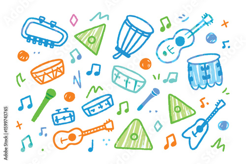 Musical instruments: A whimsical illustration showcases an array of musical instruments, symbols of rhythm and melody, each exuding its own unique tone and timbre.