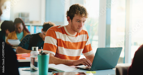 Fototapete Laptop, college and typing with man in classroom for software bootcamp, web developer and research